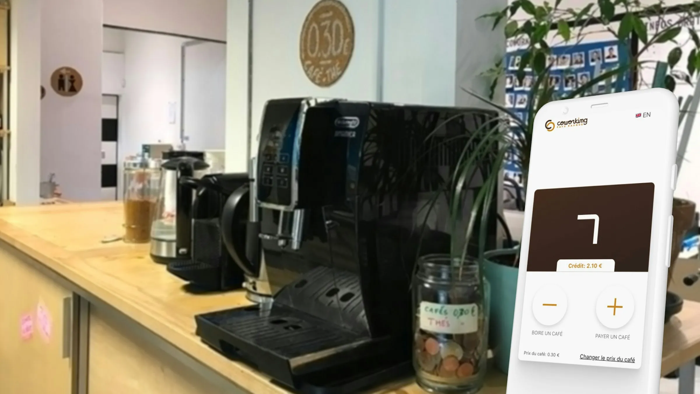 Interface de l’app de suivi du budget café, compteur et solde.