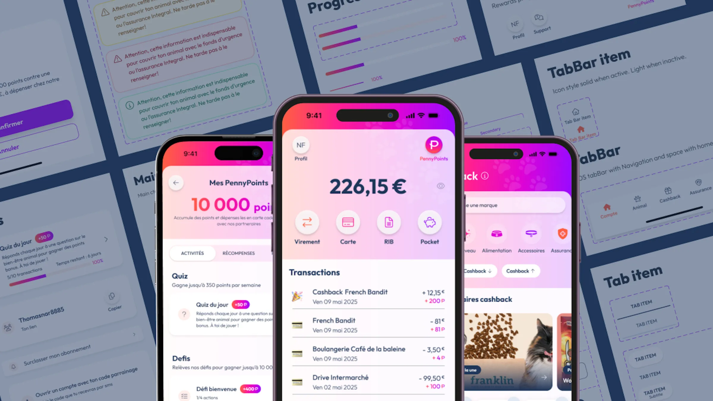 Écrans de l’app PennyPet après refonte, portés par le dégradé rose-violet.